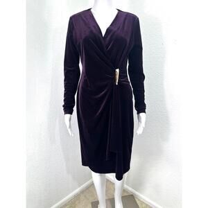 Calvin Klein Purple Velvet Dress Sz 8 Ruched Wrap Midi Corp Core Office Work
